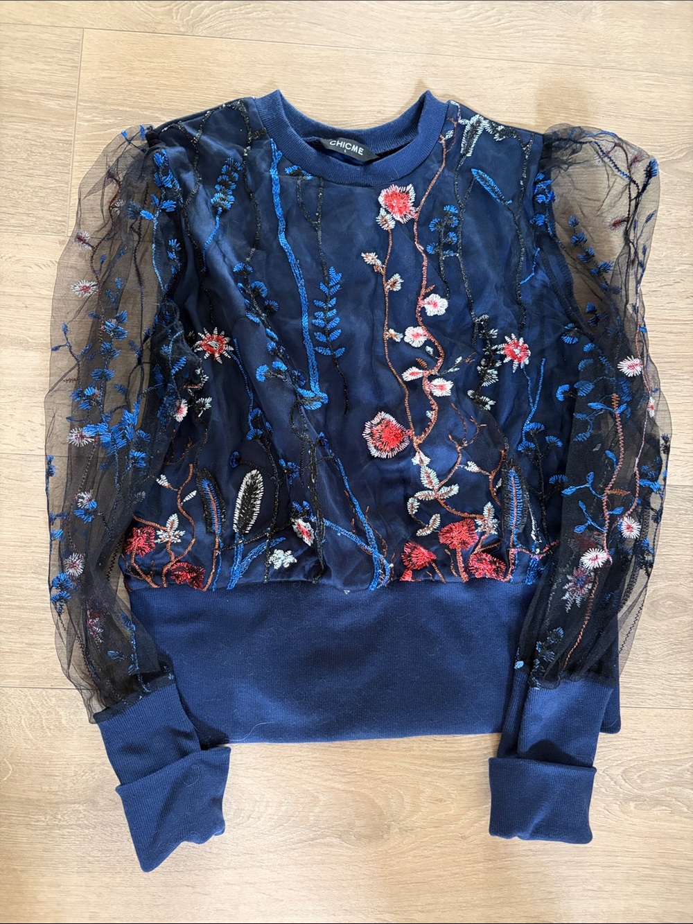 Chicwish Navy Embroidered Floral Mesh Sleeve Sweater